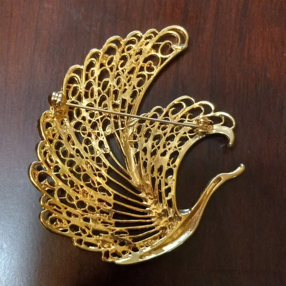Vintage Peacock Brooch Gold Tone With Red Blue And Green Rhinestones